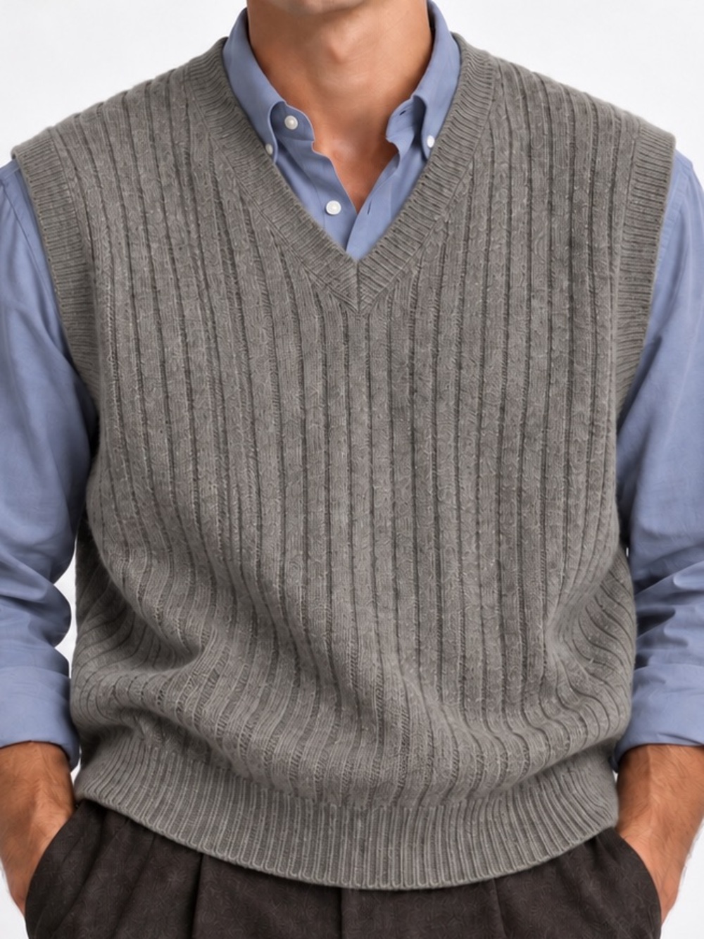 Composé JJ Angora Cashmere Blend Farmer Ribbed Sweater Vest taupe Medium Preppy